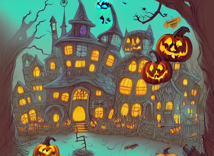 Image similar to Beautiful nostalgic digital art of a Halloween Town from Tim Burtons Nightmare Before Christmas in autumn at night by Brian Kesinger and Adrian Tomin