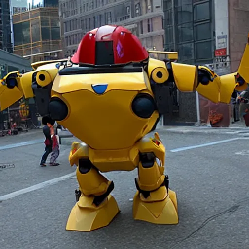 Prompt: frame from epic blockbuster film street level view of pikachu giant mech robot