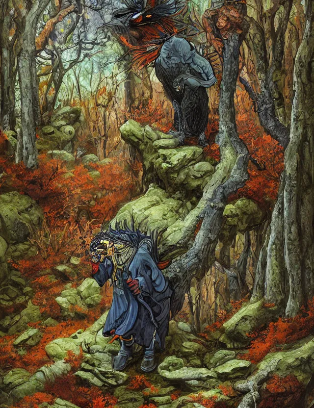 Prompt: capercaillie blood mage in the lichen woods. this heavily stylized oil painting by the award - winning comic artist has interesting color contrasts, plenty of details and impeccable lighting.