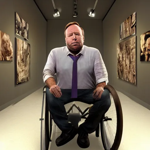 Prompt: hyperrealistic mixed media image of info wars alex jones in a wheelchair at a museum, stunning 3 d render inspired art by xiang duan and thomas eakes and greg rutkowski, perfect facial symmetry, hyper realistic texture, realistic, highly detailed attributes and atmosphere, dim volumetric cinematic lighting, 8 k octane detailed render, post - processing, masterpiece,