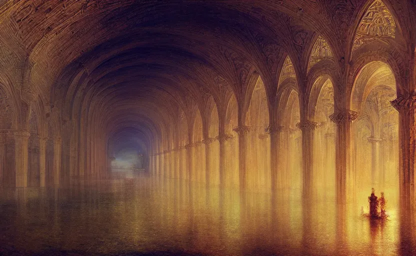 Image similar to tiled room squared waterway, aqueducts, fantasy. intricate. by artstation trending, by joseph mallord william turner, luis royo, konstantin razumov, cinematic lighting, fractal flame, highly detailed