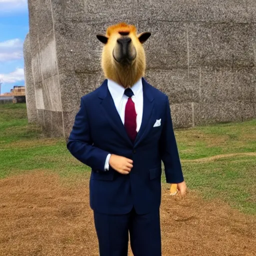 Image similar to an antropomorphic capybara wearing a suit