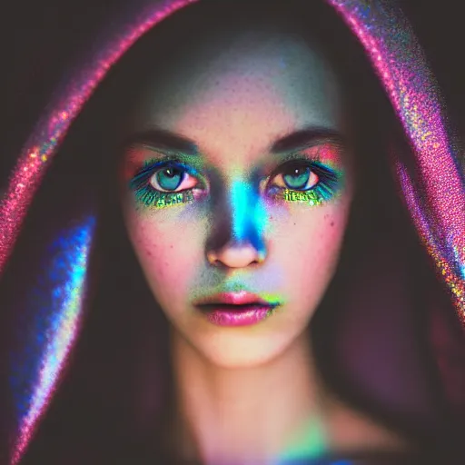 Image similar to grainy color polaroid of a beautiful alien, feminine, iridescent eyes, intricate detail, sigma 85mm f/1.4, 4k