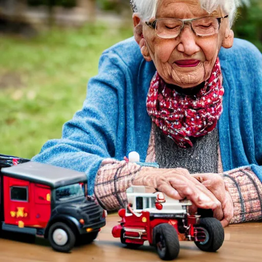 Prompt: elderly woman as a toy truck, canon eos r 3, f / 1. 4, iso 2 0 0, 1 / 1 6 0 s, 8 k, raw, unedited, symmetrical balance, wide angle