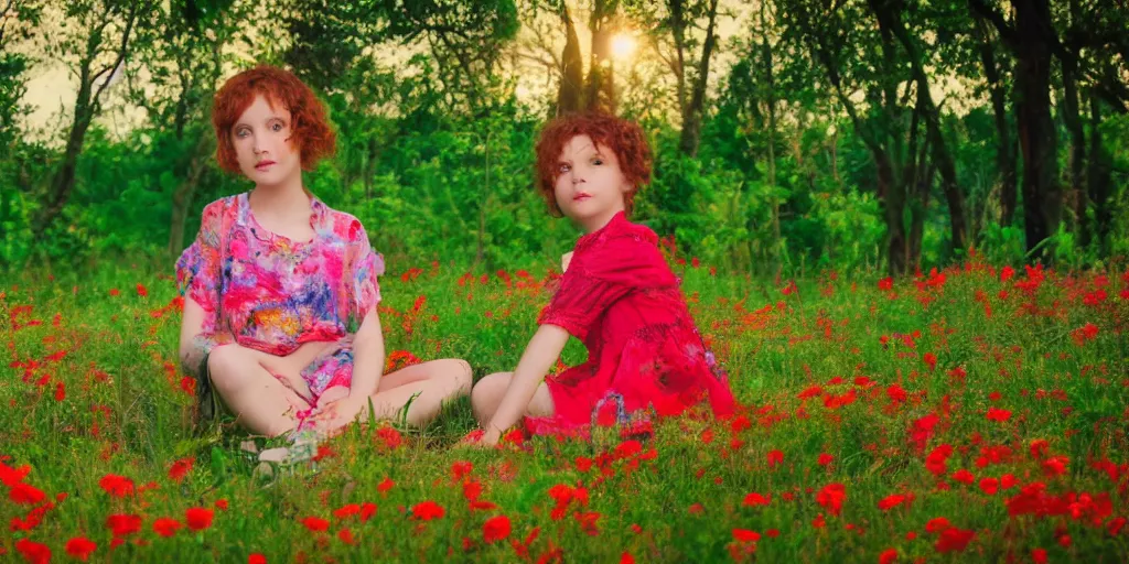 Prompt: a cute young girl with short curly red hair sitting in a field of flowers, god rays are passing through the trees in the background, abstract painting, low saturation