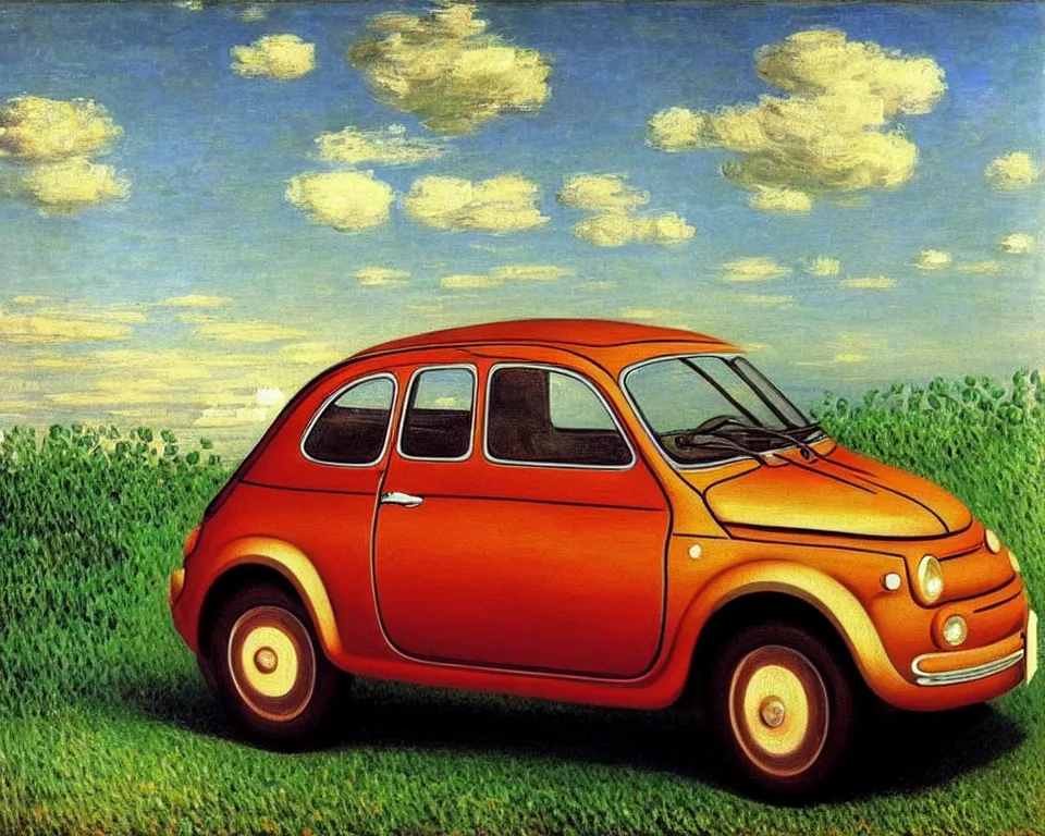 Prompt: achingly beautiful painting of a fiat 5 0 0 by rene magritte, monet, and turner. whimsical.