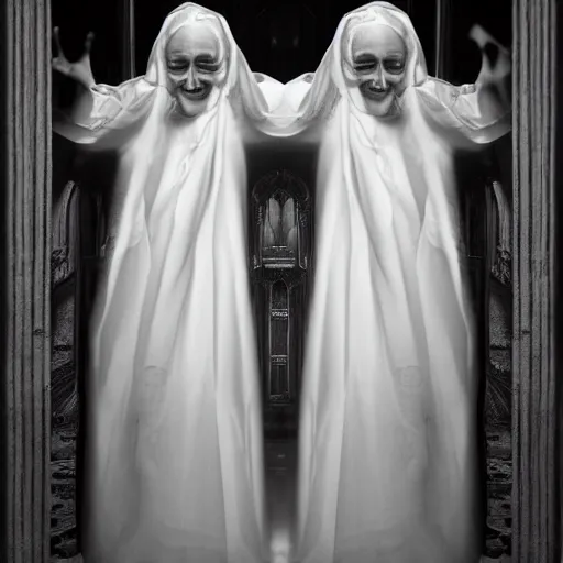 Image similar to nightmare vision, short depth of field. black and white, award winning photo of smiling levitating twin nuns, wearing translucent sheet, Mary in a sanctuary, mirror hallways, eerie, tall columns, frightening —width 1024 —height 1024