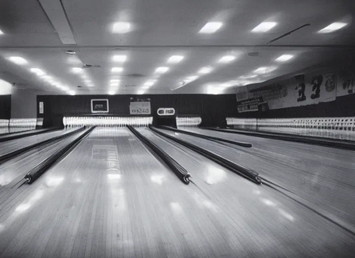 Image similar to a 35mm photograph of an empty bowling alley in the 1950's, bokeh, Canon 50mm, cinematic lighting, photography, retro, film, Kodachrome