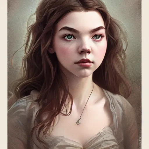 Prompt: portrait of Anya Taylor Joy highly detailed, digital painting, artstation, smooth, sharp focus, illustration, art by artgerm and greg rutkowski and alphonse mucha