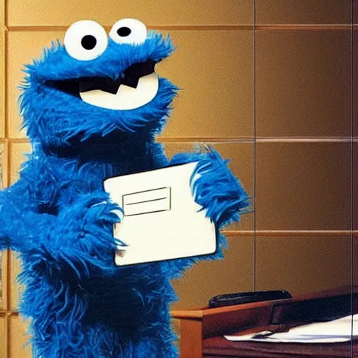 Prompt: “photo of Cookie Monster attorney at law in a courtroom”
