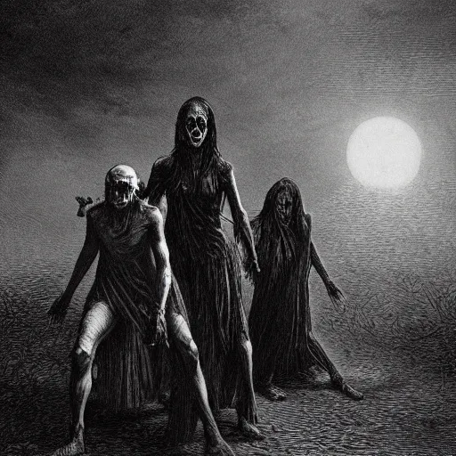 Image similar to night of the living dead, creepy atmosphere, dark, portrait, realistic, very realistic, illustration by Gustave Doré