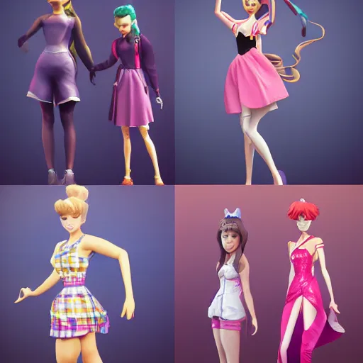 Prompt: disney inspired female figurines, teenagers, full body, realistic portrait, anime style, octane render 8 k, unreal engine, hd