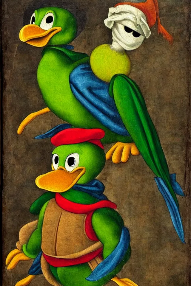 Image similar to a renaissance portrait of donald duck as a green parrot ninja turtle, beautiful intricate painting