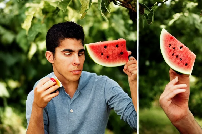 Image similar to closeup portrait of a young man punching a watermelon into a smoothie, magazine, press, photo, steve mccurry, david lazar, canon, nikon, focus