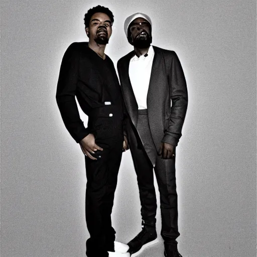 Prompt: A photo of Chance the Rapper and Kanye West standing side by side in suits by Wes Anderosn, 8K concept art, vintage, shot on Kodak Ektar