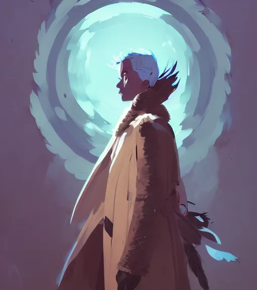 Prompt: portrait of mage with coat made of feathers, dnd character, by atey ghailan, by greg rutkowski, by greg tocchini, by james gilleard, by joe fenton, by kaethe butcher, dynamic lighting, gradient light blue, brown, blonde cream and white color scheme, grunge aesthetic