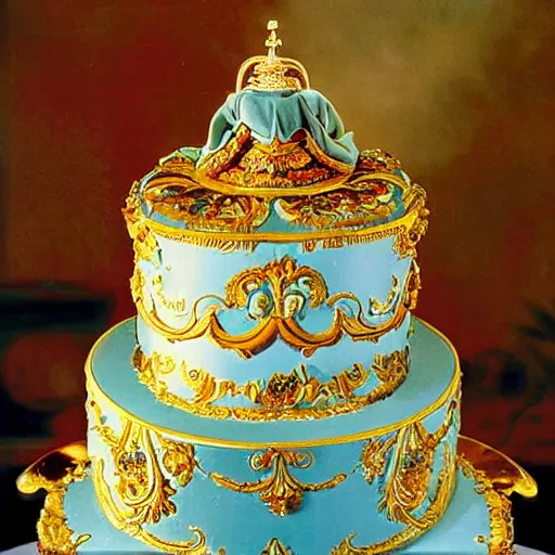 Image similar to photograph of a fancy baroque cake from 1970's cookbook in color