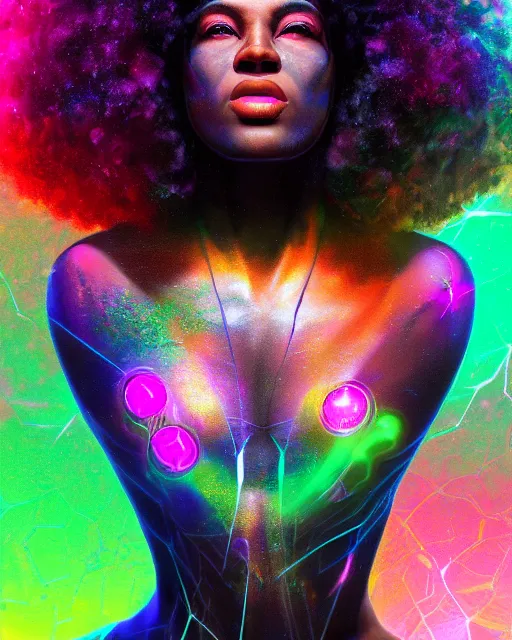 Image similar to a powerful energy psychedelic matrix afro american woman, by alexander fedosav, hyper detailed digital matte painting, concept art, hyperrealism, 1 6 k resolution, cinema 4 d, 8 k resolution, trending on artstation, behance hd, a masterpiece, by stephan martiniere, particles, cel - shaded, power bright neon energy, by david a. hardy