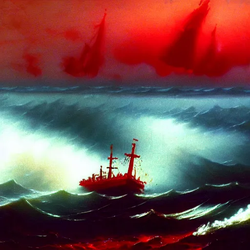 Image similar to bloody ocean, rusted iron ship sinking in red blood ocean, by hideaki anno, Ivan Aivazovsky, junji ito, hd 8k,