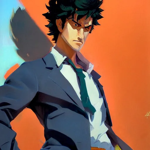 Image similar to greg manchess portrait painting of spike spiegel as overwatch character, totally whack, medium shot, asymmetrical, profile picture, organic painting, sunny day, matte painting, bold shapes, hard edges, street art, trending on artstation, by huang guangjian and gil elvgren and sachin teng