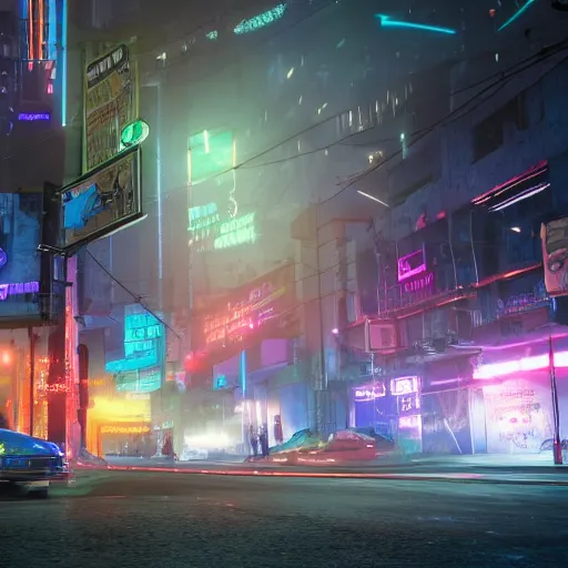 Image similar to a 3 d rendered in unreal engine guatemalan cyberpunk city with neon ads and signs with evocative dramatic mood with blade runner vibe with cars with motion blur with depth of field with bloom with lightshaft with volumetric lights, fog, by scott robertson, oscar winning graphics, photo realistic, bloom, imax, dynamic lighting, artstation, 3 d video game