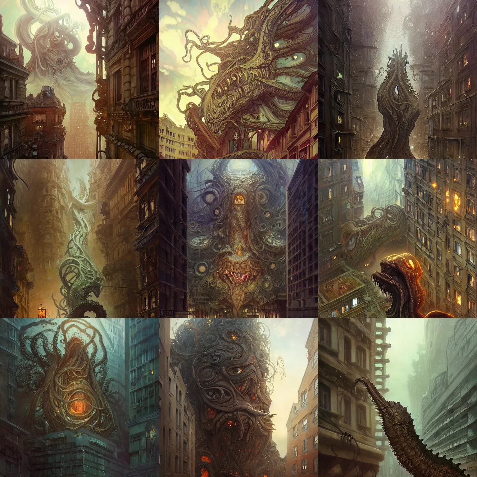 Prompt: giant lovecraftian monster devouring a building, high fantasy, lovecraftian horror, depth of view, highly detailed, digital painting, artgerm and greg rutkowski and alphonse mucha
