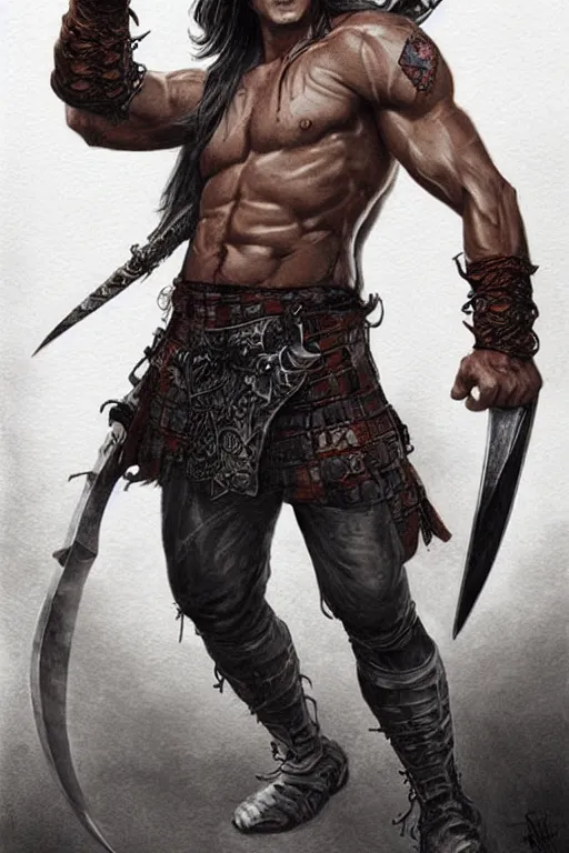 Image similar to portrait of attractive sam winchester as a rogue scotish warrior from the x century, muscular body tattooed, d & d!, fantasy style, sharp focus!, ultra detailed, art by artgerm and peter andrew jones, wlop