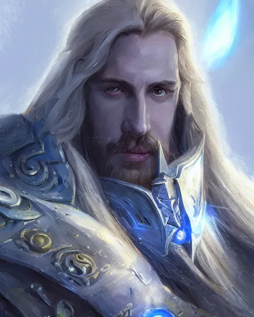 Prompt: portrait of arthas menethil, fantasy, intricate, sharp focus, lens flare, bloom, rim light, illustration, highly detailed, digital painting, concept art, matte, art by ruan jia. front view