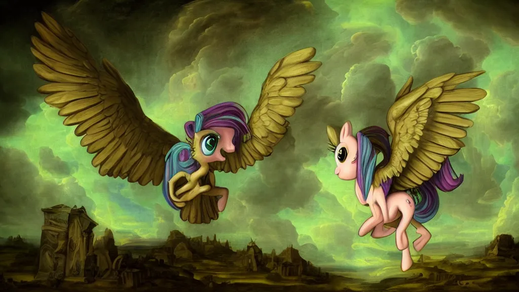 Prompt: Renaissance painting of Fluttershy from My Little Pony as a necromancer, standing over a tomb stone, bright green swirls coming up it, glowing aura around her, pitch black background, dramatic and colorful lighting, floating green chibi glowing skulls, smoke all around, insane special effects, 4k, HDR, camera angle looking up at her from the ground, bones lying on the ground, inside a crypt, skeletons rising from the dead, artwork, gothic style, detailed feathers, detailed faces with large eyes and pupils