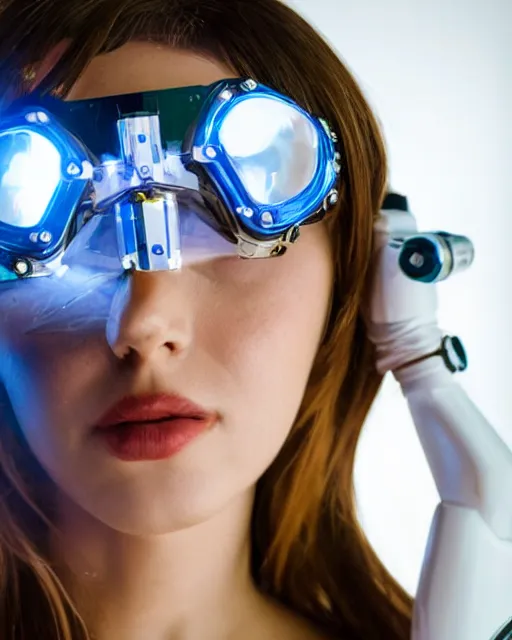 Prompt: centered portrait of seductive young sabrina salerno as a solarpunk mecha humanoid robotic parts wearing crystal goggles with bright led lights, real human face, pudica gesture bouguereau style, in white room, ultra - realistic and intricate, soft portrait shot 8 k