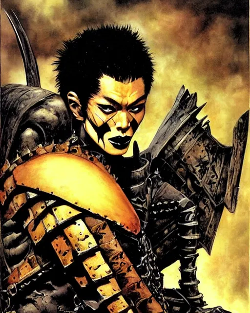 Image similar to portrait of a skinny punk goth john cho wearing armor by simon bisley, john blance, frank frazetta, fantasy, thief warrior