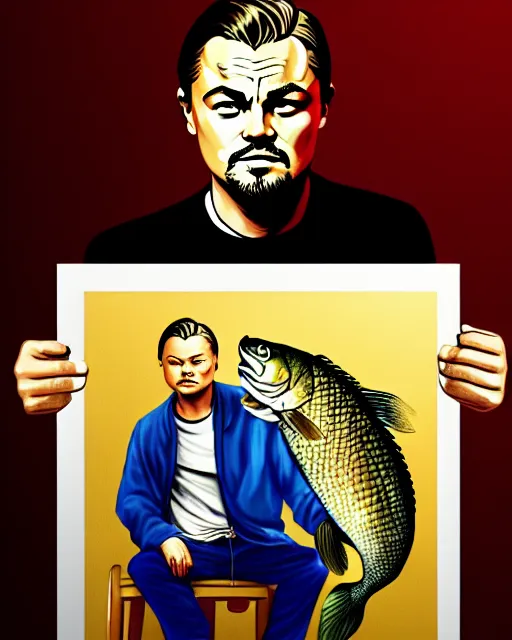 Prompt: painting portrait of leonardo dicaprio and a carp, cartoon, warm lighting, leonardo dicaprio has a carp. leonardo dicaprio and a carp fish. movie poster, illustration by bartek fedyczak, erak note, tooth wu, neil richards, kan liu, siwoo kim, jisu choe, trending on art station