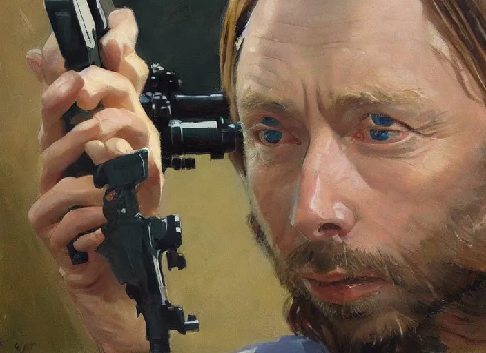 Image similar to a highly detailed beautiful portrait of thom yorke shooting a gun, by gregory manchess, james gurney, james jean