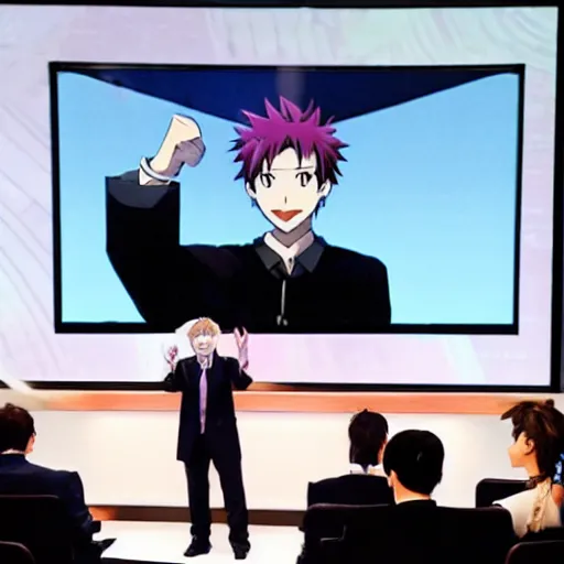 Image similar to a key anime character, doing a pitch, in Shark Tank (2016)