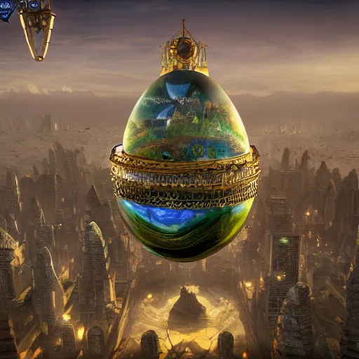 Image similar to enormous flying city in a gigantic faberge egg, sky, steampunk, floating islands, fantasy art, unreal engine,