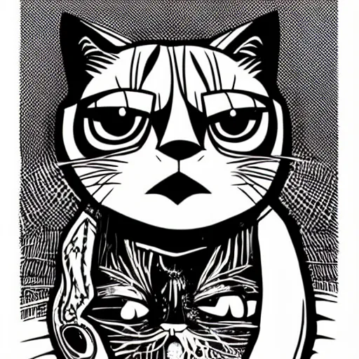 Prompt: mcbess illustration of a grumpy cat with a thin body