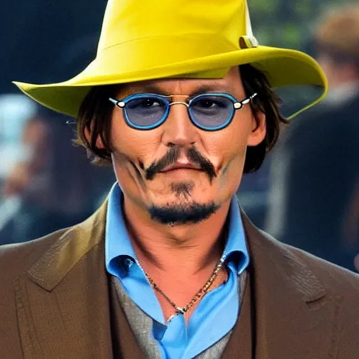 Image similar to johnny depp playing the guy with the yellow hat from curious george in real life