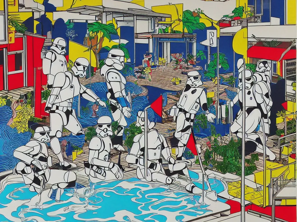 Image similar to hyperrealism composition of the japanese house with a hot springs onsen in the garden, two detailed stormtroopers in hot springs, pop - art style, jacky tsai style, andy warhol style, roy lichtenstein style, acrylic on canvas