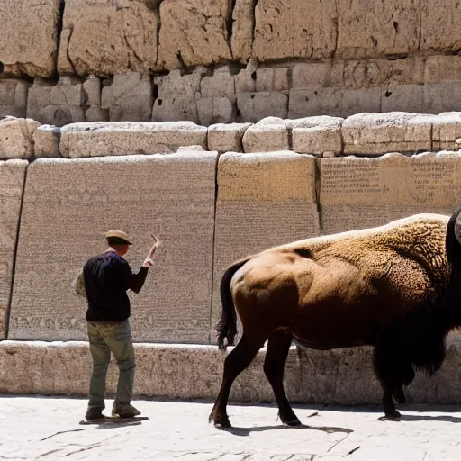 Image similar to photo of a bison, at the Wailing Wall in Jerusalem, religious people, crowds, 50mm, beautiful photo