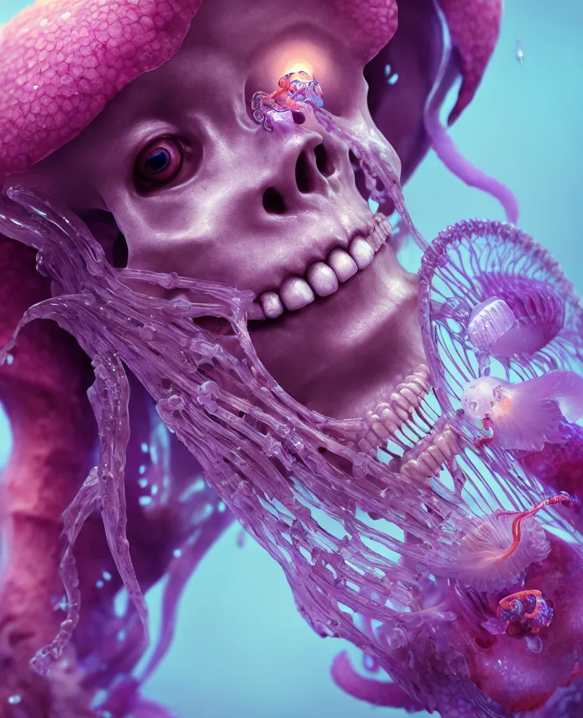 Image similar to goddess close - up portrait human skeleton, ram skull, jellyfish, orchid, betta fish, bioluminiscent, intricate artwork by tooth wu and wlop and beeple. octane render, trending on artstation, greg rutkowski very coherent symmetrical artwork. cinematic, hyper realism, high detail, octane render, 8 k