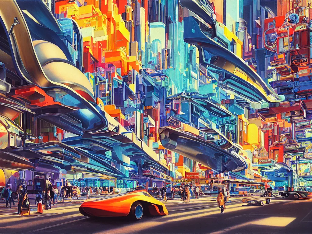 Prompt: hyperrealistic painting of a slice of life from a futuristic city, mechanical designs, technological, hi - tech engineering, art deco architecture, futuristic automobiles, vivid color, meticulous, cinematic, cyberpunk style, highly detailed, realism, intricate, acrylic on canvas, 8 k resolution, concept art, by noriyoshi ohrai, francesco di giorgio martini, moebius