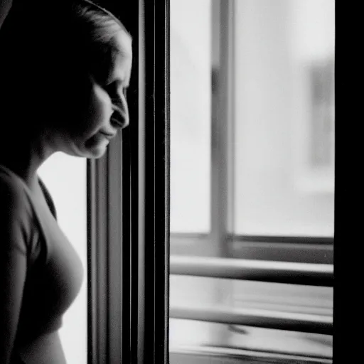 Image similar to black and white photograph portrait of a depressed 35 years old woman standing by the window, natural light, lomo, film grain, soft vignette, sigma 85mm f/1.4 1/10 sec shutter