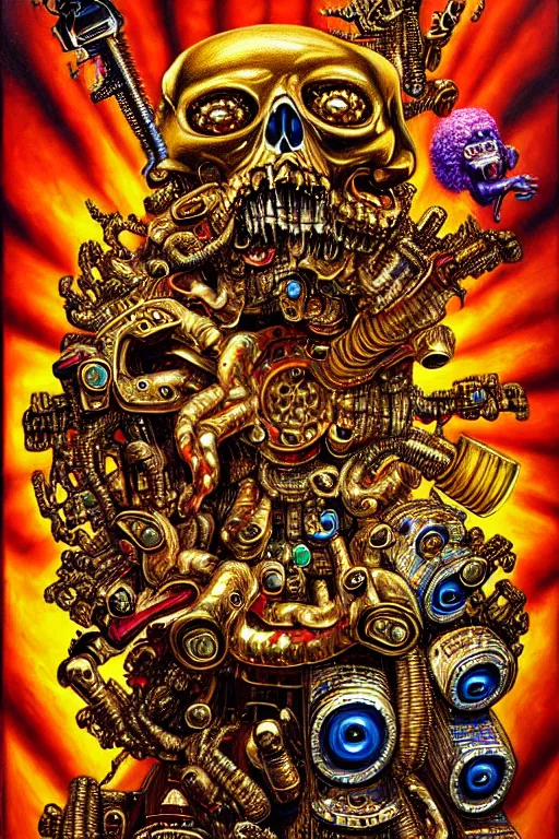 Prompt: a hyperrealistic painting of a ornate jewel embellished gold death machine spewing chunks out of a wood chipper, cinematic horror by chris cunningham, lisa frank, richard corben, highly detailed, vivid color,