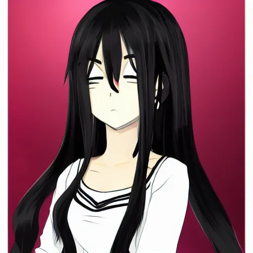 Image similar to girl with black hair, long bangs covering both of her eyes, anime style