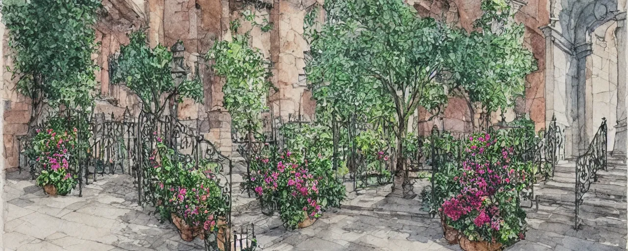 Image similar to courtyard walkway, castle, stairway, chairs, wrought iron, gate, tree, delicate, botanic garden, garden road, botanical herbarium paper, watercolor colored painting, iridescent colors, 8 k, realistic shaded, fine details, artstation, italian style, colonnade, huge flower