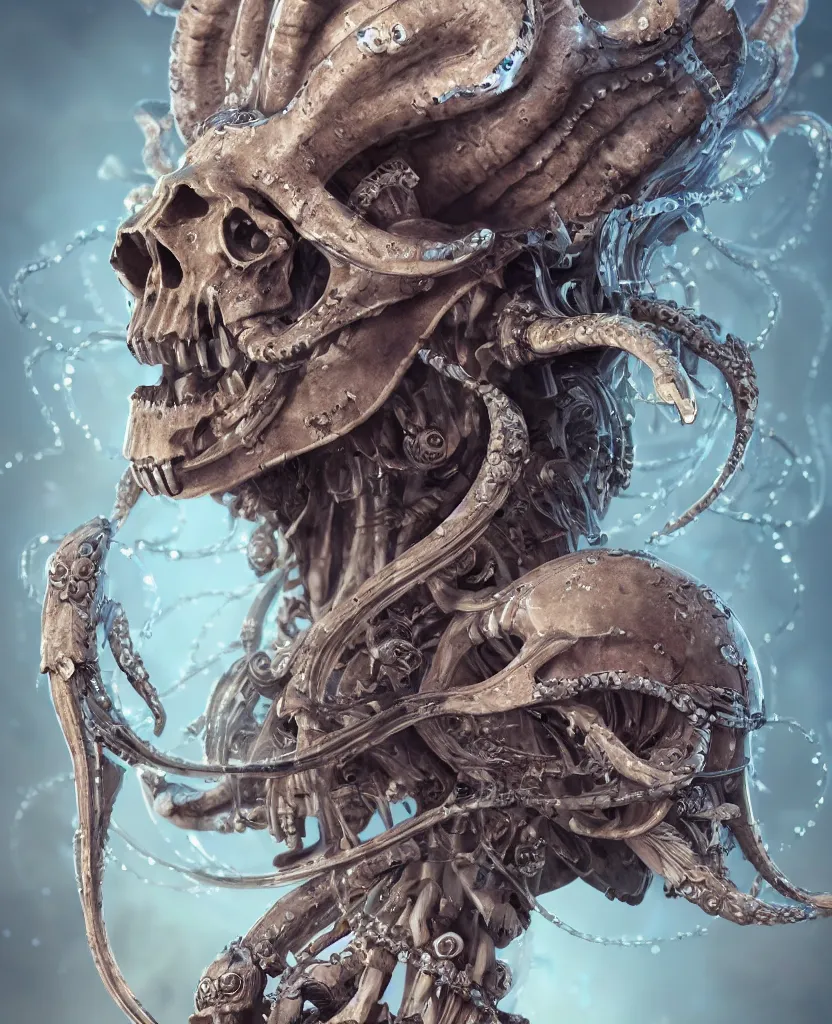 Image similar to close-up macro portrait of the face of a beautiful princess with ram animal skull mask, epic angle and pose, ribcage skeleton symmetrical artwork, 3d with depth of field, blurred background, cybernetic jellyfish female face phoenix bird, translucent, nautilus, energy flows of water and fire. a highly detailed epic cinematic concept art CG render. made in Maya, Blender and Photoshop, octane render, excellent composition, cinematic dystopian brutalist atmosphere, dynamic dramatic cinematic lighting, aesthetic, very inspirational, arthouse. y Greg Rutkowski, Ilya Kuvshinov, WLOP, Stanley Artgerm Lau, Ruan Jia and Fenghua Zhong