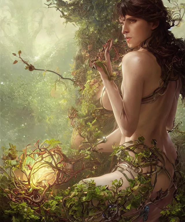 Image similar to a woman spore druid with leaf and vine themed clothing, fully clothed, glowing energy, D&D, fantasy, intricate, cinematic lighting, highly detailed, digital painting, artstation, concept art, smooth, sharp focus, illustration, subject in the middle of the frame, art by Artgerm and Greg Rutkowski and Alphonse Mucha