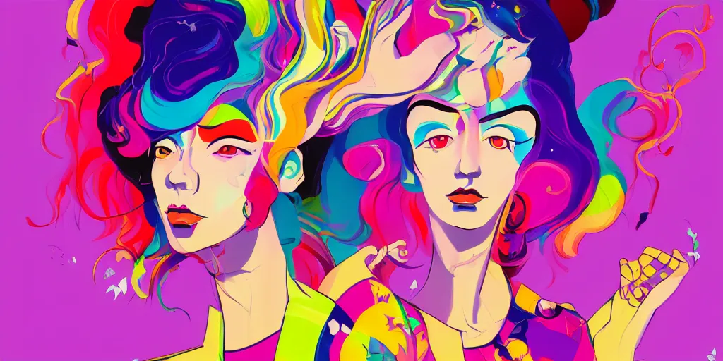 Prompt: a digital painting of a woman with colorful hair, a pop art painting by tomokazu matsuyama, behance contest winner, psychedelic art, psychedelic, 2 d, digital illustration, trending on artstation, anime stylized, accurate fictional proportions, high delicate defined details, ethereal lighting