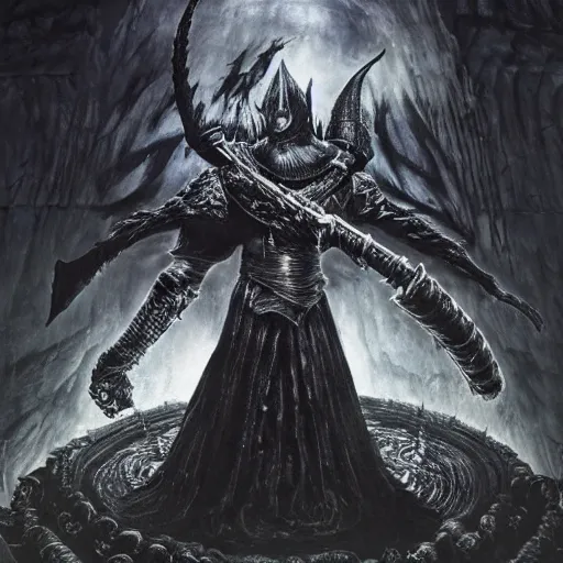 Image similar to donald trump as dark souls final boss, by hr giger, kentaro miura, bloodborne, dark souls, breathtaking, sense of awe