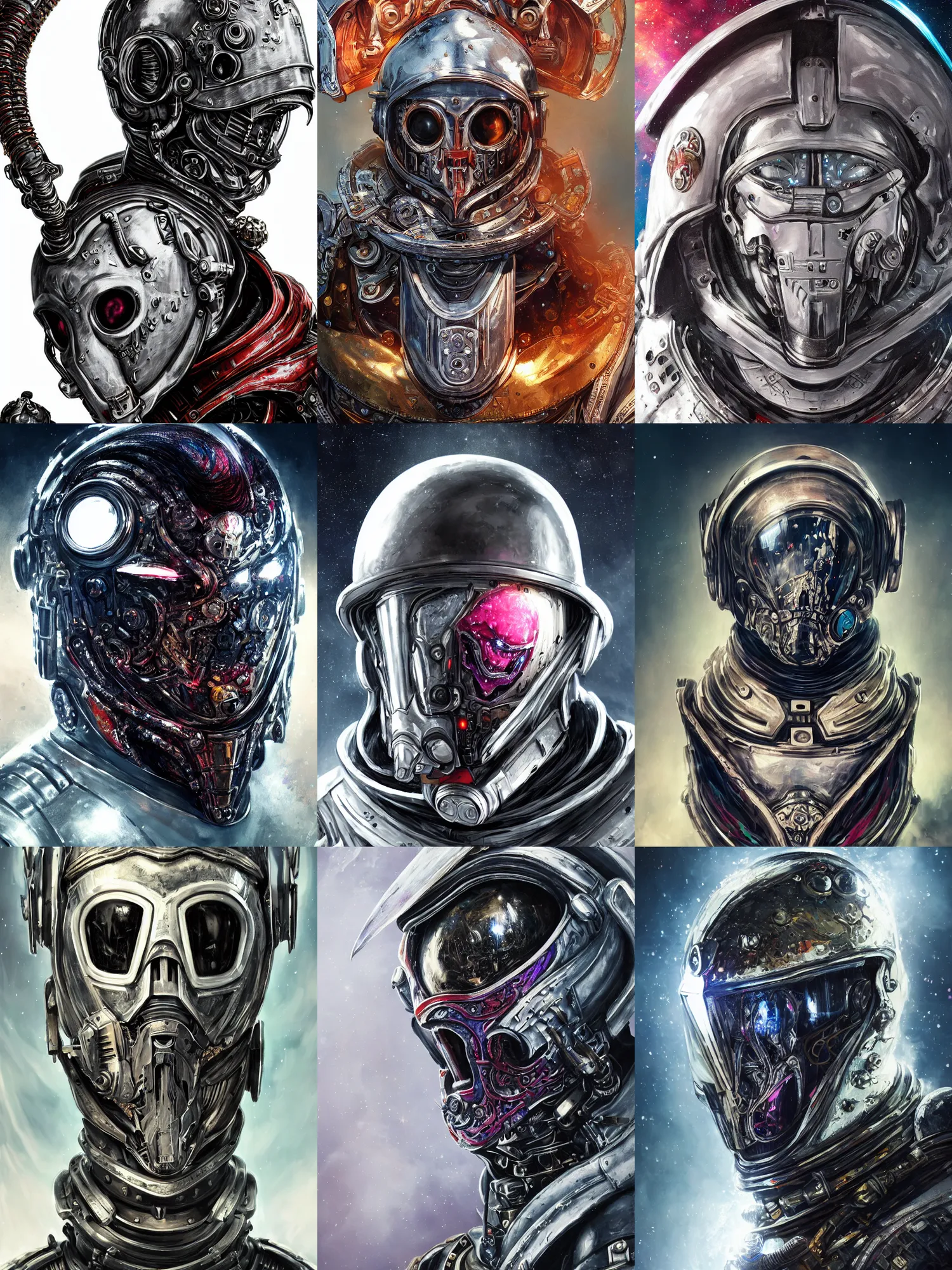 Image similar to portrait art of 8k ultra realistic undead retro futuristic astronaut vampire king , galaxy reflected in helmet , detailed intricate ornate armour,corrupted, cybernetic, full of colour, cinematic lighting, battered, trending on artstation, 4k, hyperrealistic, focused, extreme details,unreal engine 5, cinematic, masterpiece, art by ayami kojima, giger